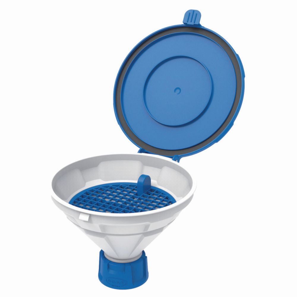 Sicherheitstrichter mit Klappdeckel, V2.0, weiß/blau, PE-HD