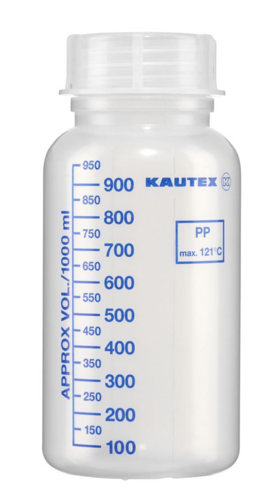PP-Weithalsflaschen 1000 ml mit Graduierung, autoklavierbar mit Verschluß, VE=56