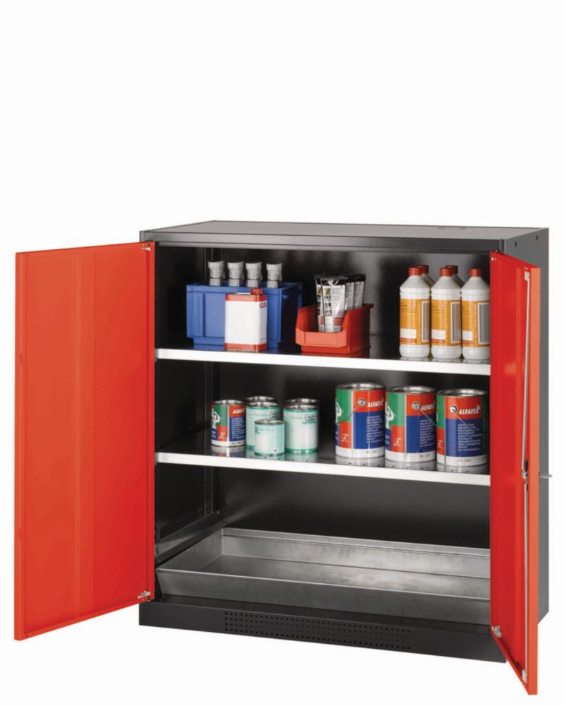 Chemikalienschrank CS-Classic mit Flügeltüren, inkl. 2 Fachböden vz. Bodenauffangwanne, RAL3020, 1055x520x1105mm