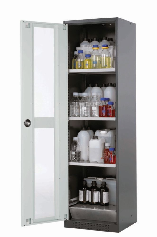Fl&uuml;gelt&uuml;renschrank mit Glasausschnitt RAL 7016, 545 x 520 x 1950 mm (BxTxH) 3 Fachb&ouml;den, 1 Bodenauffangwanne,
