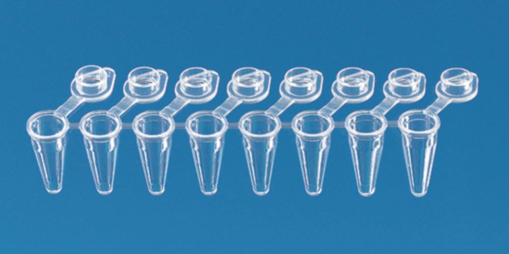 PCR-Gefäße, 8er Strips, PP, mit anhängenden Einzeldeckeln, 1 Steg
