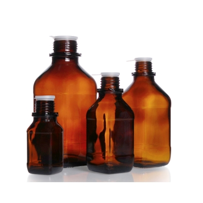 Enghals-Vierkantflaschen, Kalk-Natron-Glas, Braunglas