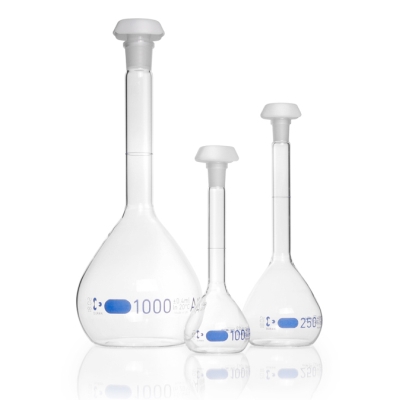 Messkolben DURAN<sup>&reg;</sup>, Klasse A, blau graduiert, inkl. Chargenzertifikat