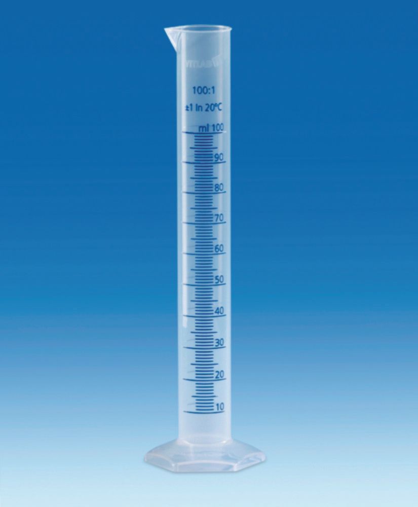 Messzylinder, PP, hohe Form, Klasse B, blaue erhabene Graduierung