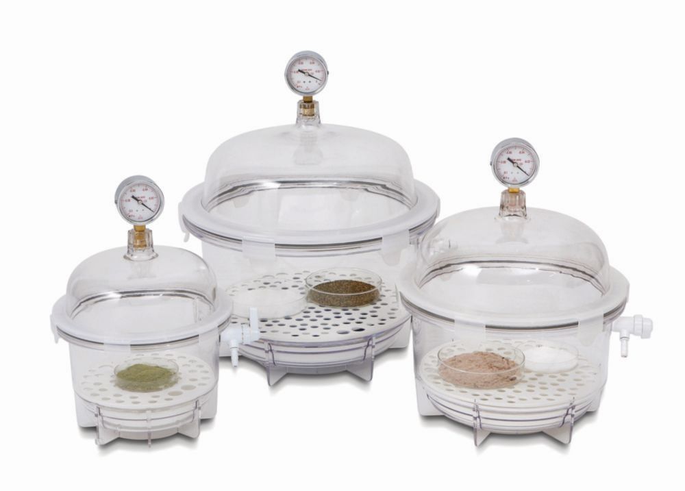 Vakuumexsikkator, Polycarbonat, runde Form, "Heavy Duty", mit Manometer